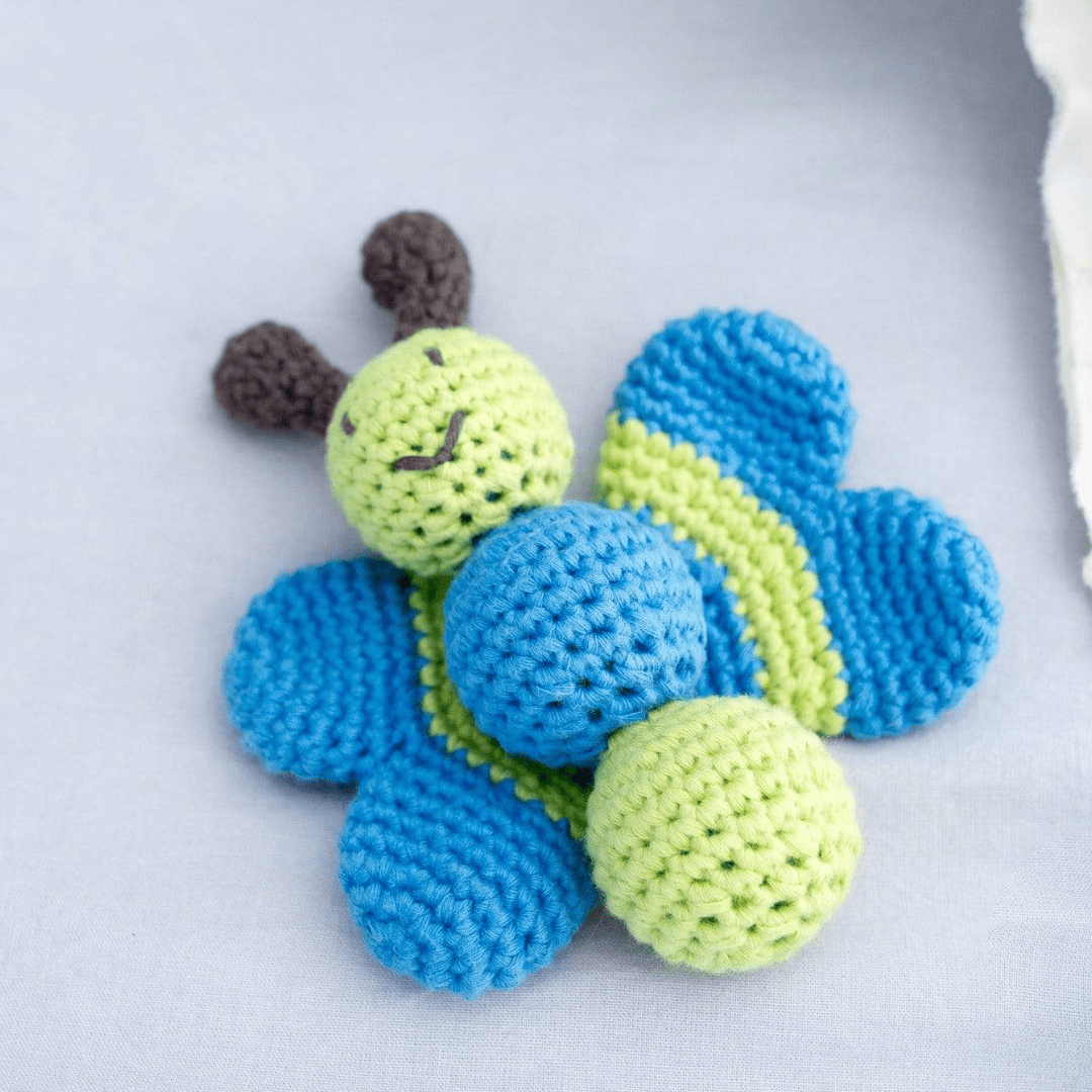 bebemoss.com Blue and Green Butterfly baby rattle handmade by moms  gifts with purpose