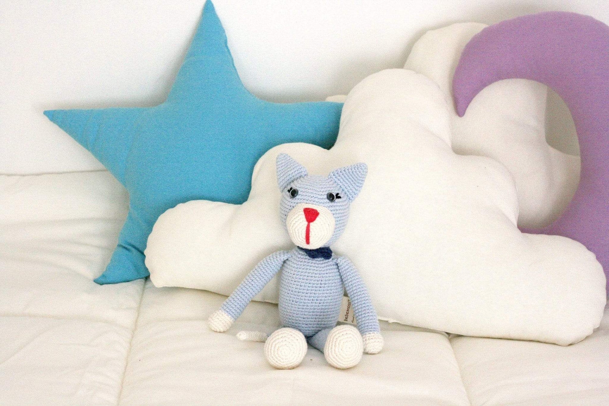 bebemoss.com toy light blue Oliver the cat handmade by moms  gifts with purpose
